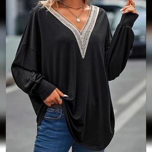 Lace V-Neck Black Casual Top.